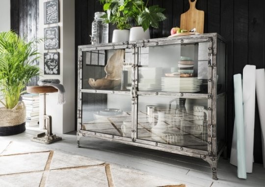 Sideboard Vitrine METALL 1 120x90x40cm Eisen natur vintage Glas Metall