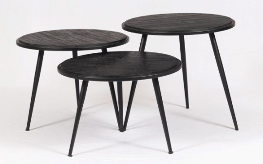 3er Set Couchtisch THREE recyceltes Teakholz Metall schwarz